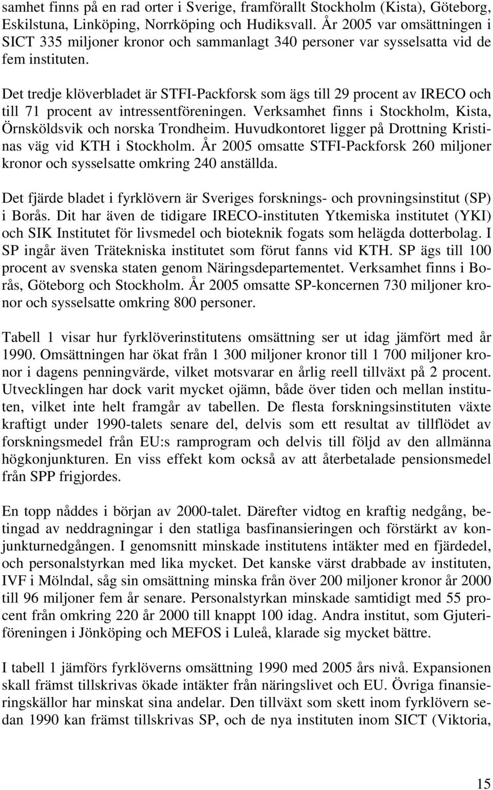 Det tredje klöverbladet är STFI-Packforsk som ägs till 29 procent av IRECO och till 71 procent av intressentföreningen. Verksamhet finns i Stockholm, Kista, Örnsköldsvik och norska Trondheim.