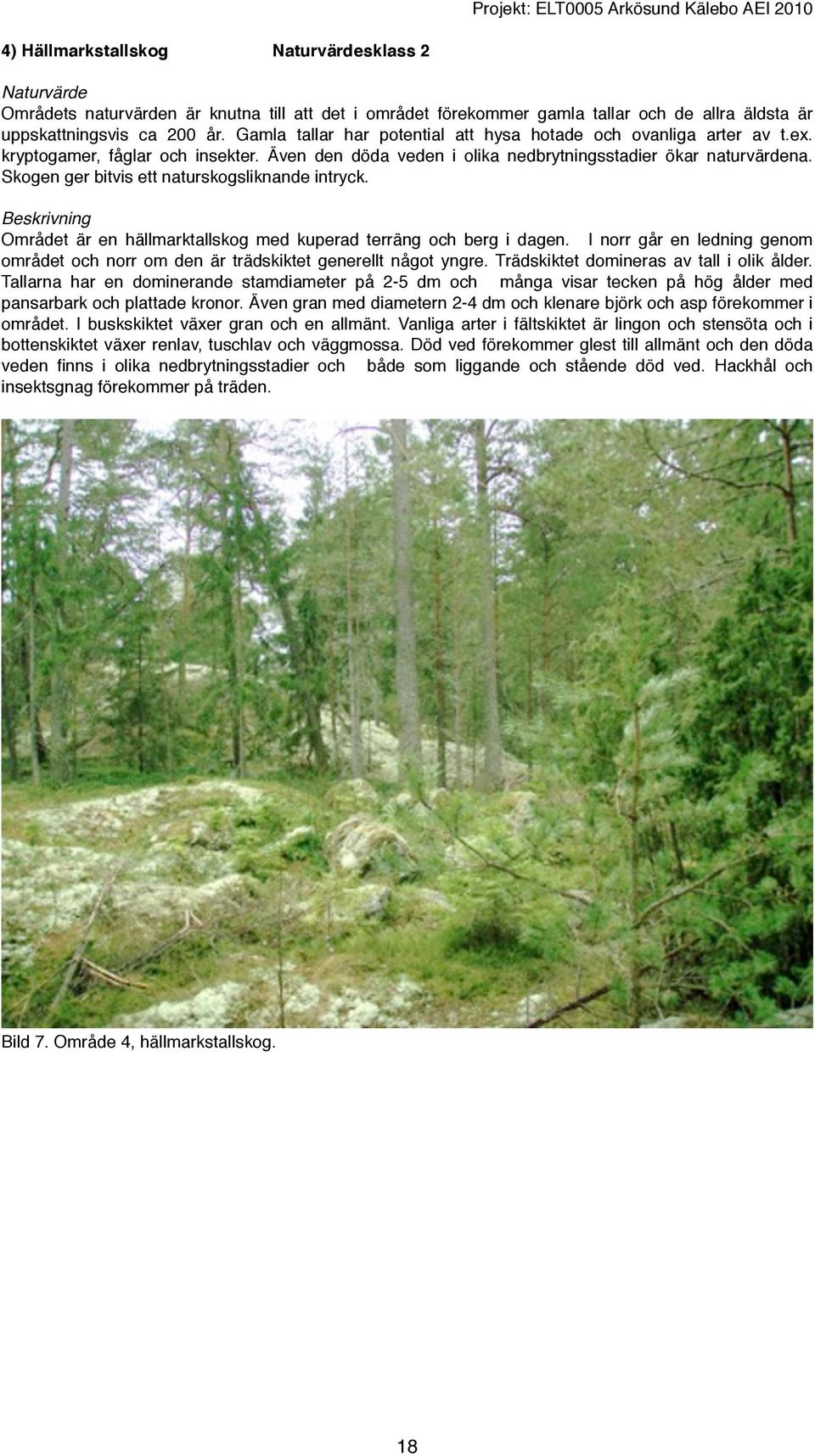 Skogen ger bitvis ett naturskogsliknande intryck. Beskrivning Området är en hällmarktallskog med kuperad terräng och berg i dagen.