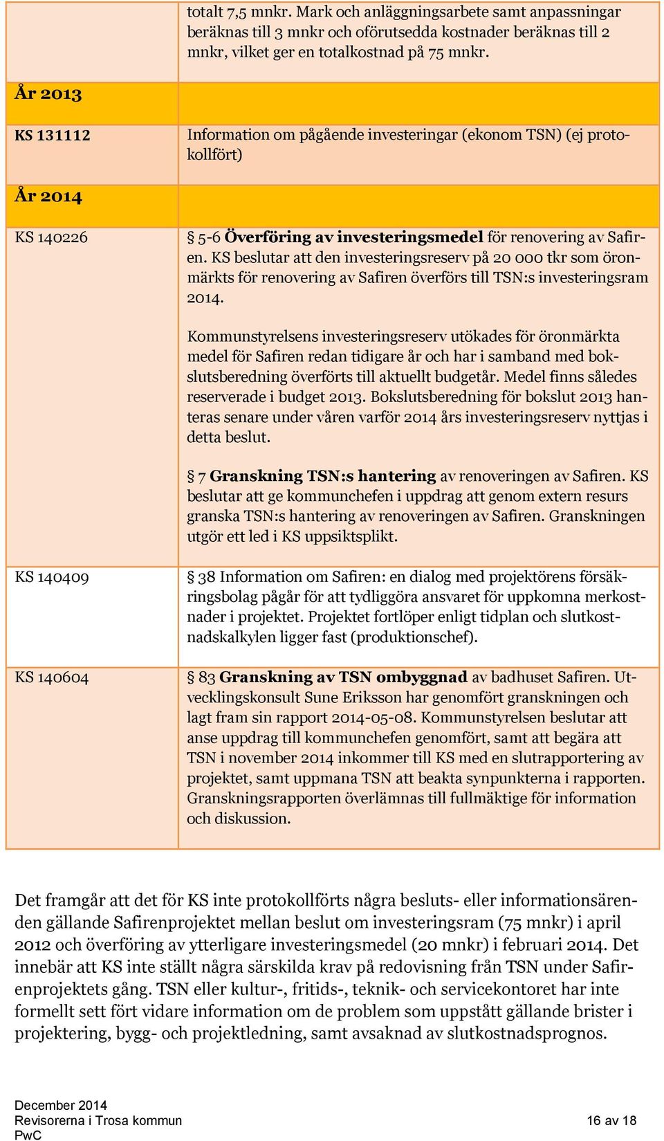 KS beslutar att den investeringsreserv på 20 000 tkr som öronmärkts för renovering av Safiren överförs till TSN:s investeringsram 2014.