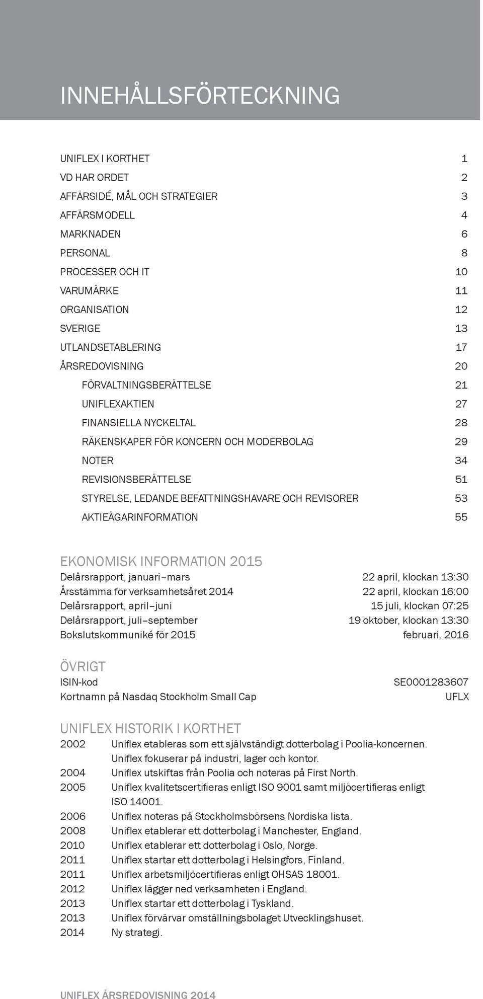 BEFATTNINGSHAVARE OCH REVISORER 53 AKTIEÄGARINFORMATION 55 EKONOMISK INFORMATION 2015 Delårsrapport, januari mars 22 april, klockan 13:30 Årsstämma för verksamhetsåret 2014 22 april, klockan 16:00