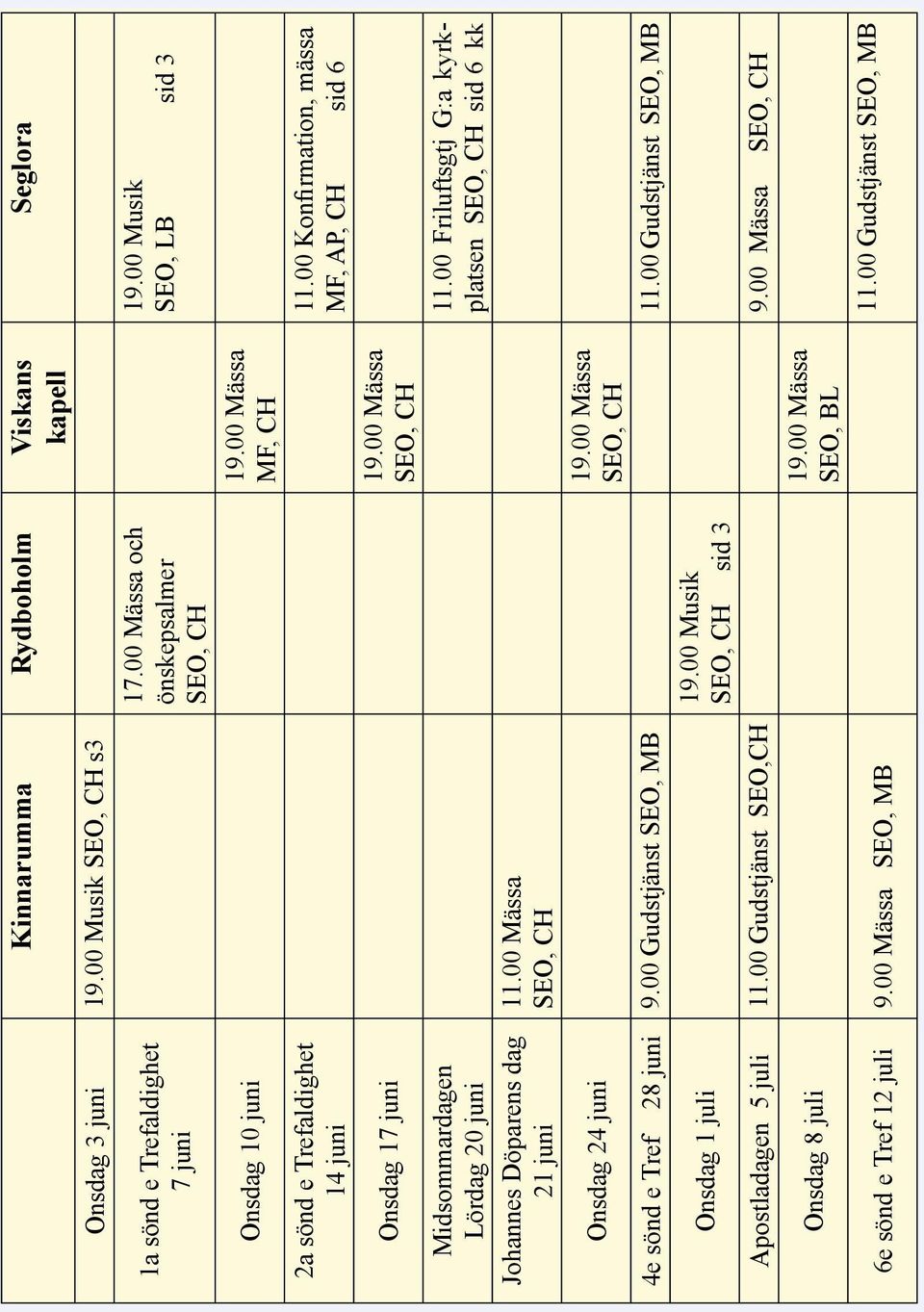 Kinnarumma Rydboholm Viskans kapell 11.00 Mässa SEO, CH 17.00 Mässa och önskepsalmer SEO, CH 19.00 Mässa MF, CH 19.00 Mässa SEO, CH 19.00 Mässa SEO, CH Seglora 19.00 Musik SEO, LB sid 3 11.