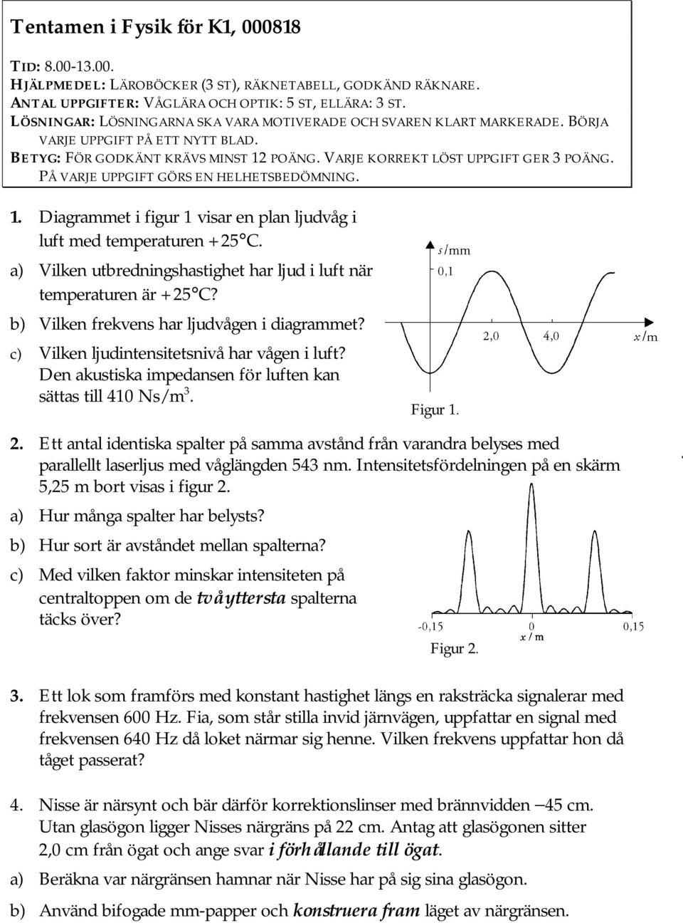 PÅ VARJE UPPGIFT GÖRS EN HELHETSBEDÖMNING. 1. Diagrammet i figur 1 visar en plan ljudvåg i luft med temperaturen +25 C. a) Vilken utbredningshastighet har ljud i luft när temperaturen är +25 C?