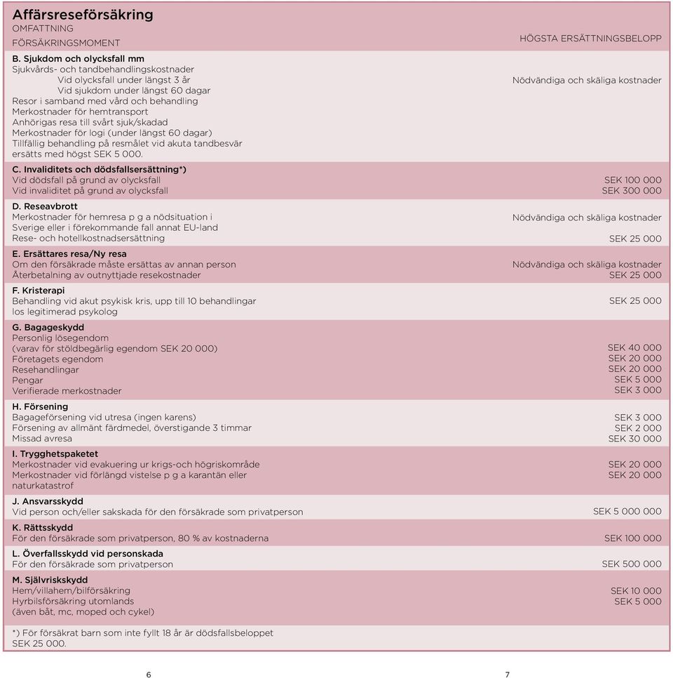 hemtransport Anhörigas resa till svårt sjuk/skadad Merkostnader för logi (under längst 60 dagar) Tillfällig behandling på resmålet vid akuta tandbesvär ersätts med högst SEK 5 000. C.