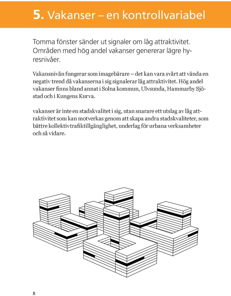 Hög andel vakanser finns bland annat i Solna kommun, Ulvsunda, Hammarby Sjöstad och i Kungens Kurva.