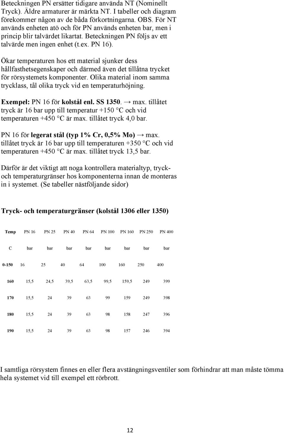 Ökar temperaturen hos ett material sjunker dess hållfasthetsegenskaper och därmed även det tillåtna trycket för rörsystemets komponenter.