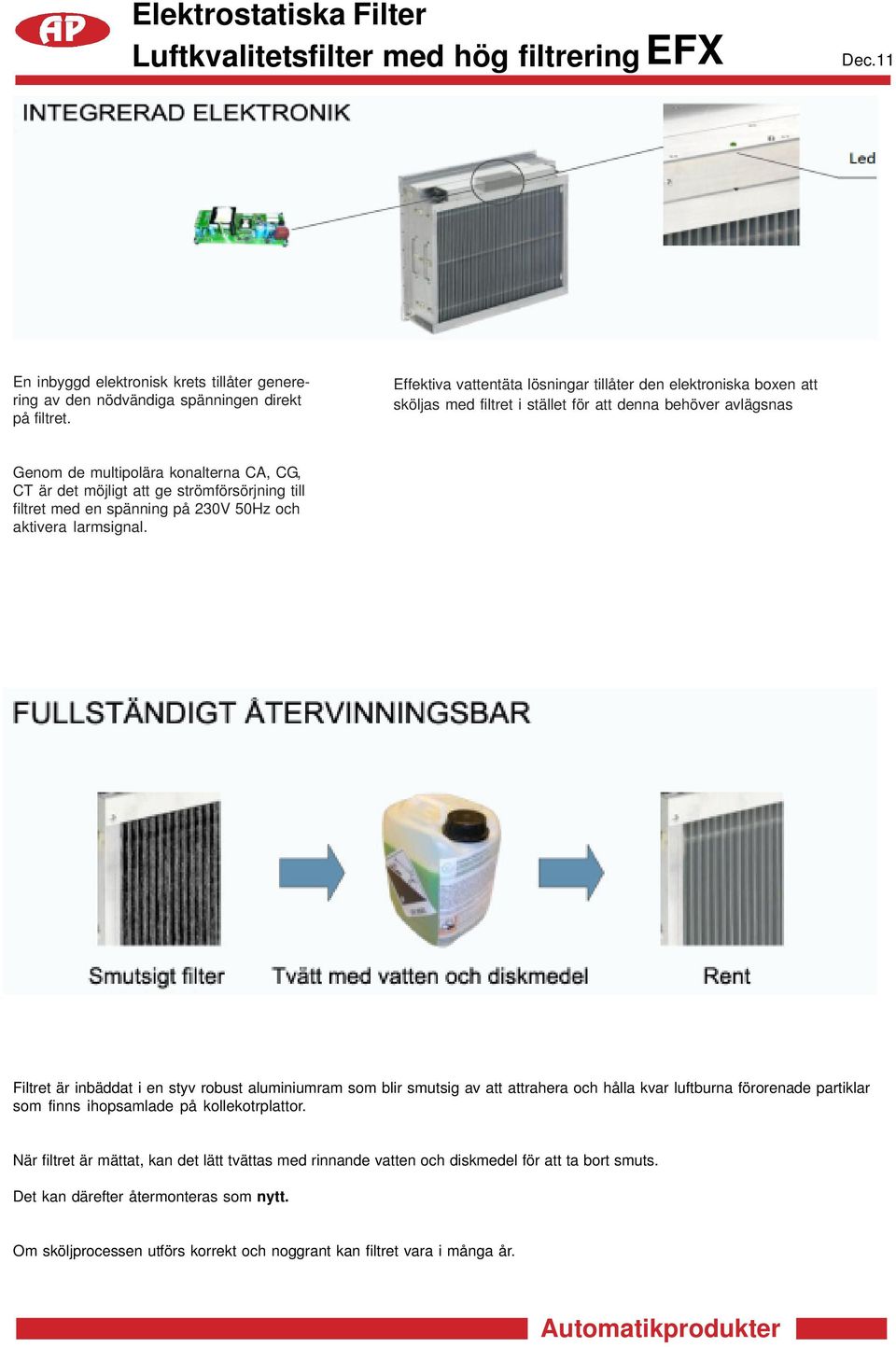 ge strömförsörjning till filtret med en spänning på 230V 50Hz och aktivera larmsignal.