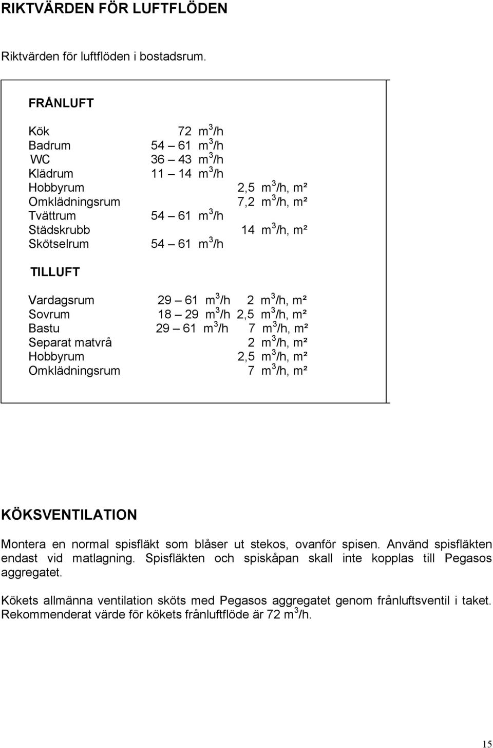 3 /h TILLUFT Vardagsrum 29 61 m 3 /h 2 m 3 /h, m² Sovrum 18 29 m 3 /h 2,5 m 3 /h, m² Bastu 29 61 m 3 /h 7 m 3 /h, m² Separat matvrå 2 m 3 /h, m² Hobbyrum 2,5 m 3 /h, m² Omklädningsrum 7 m 3 /h, m²