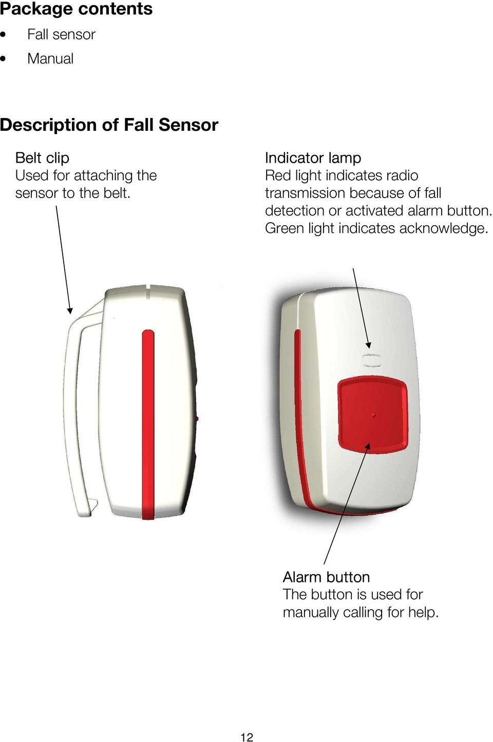 Indicator lamp Red light indicates radio transmission because of fall detection