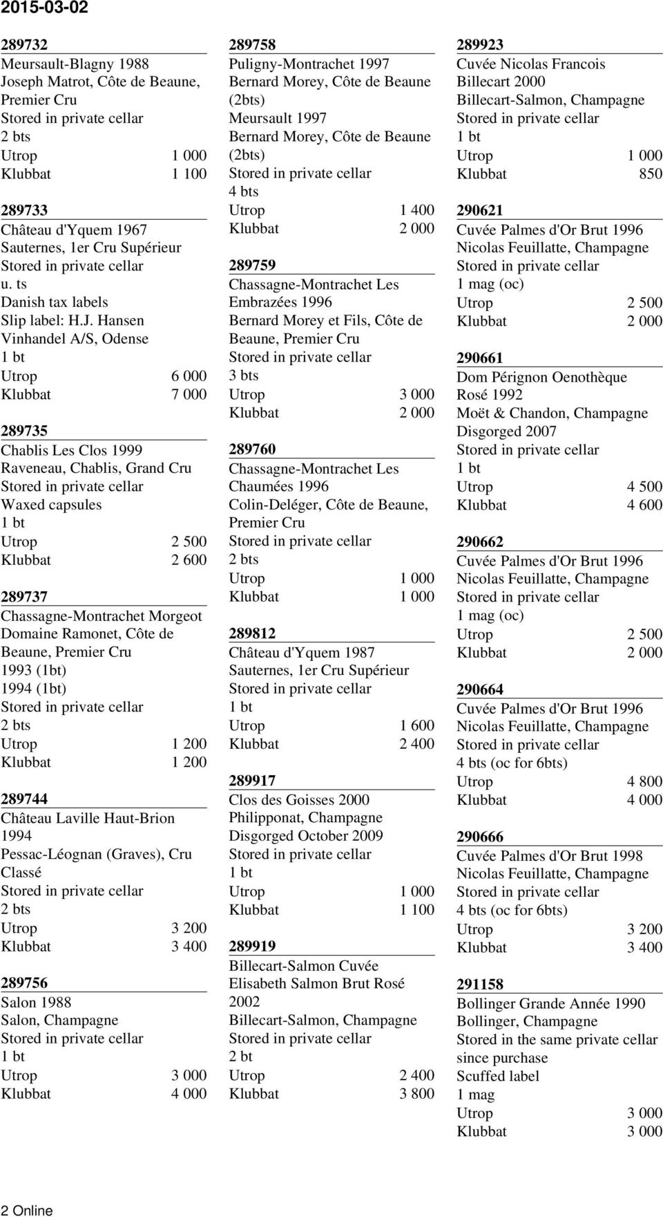 Hansen Vinhandel A/S, Odense Utrop 6 000 7 000 289735 Chablis Les Clos 1999 Raveneau, Chablis, Grand Cru Waxed capsules 2 600 289737 Chassagne-Montrachet Morgeot Domaine Ramonet, Côte de Beaune,