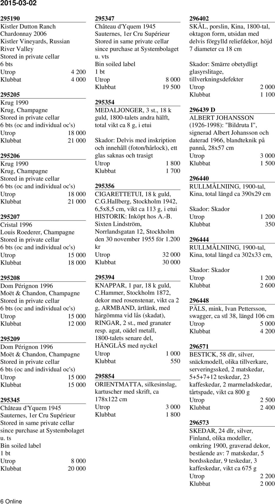 Pérignon 1996 Moët & Chandon, Champagne 6 bts (oc and individual oc's) Utrop 15 000 1 295209 Dom Pérignon 1996 Moët & Chandon, Champagne 6 bts (oc and individual oc's) Utrop 15 000 15 000 295345