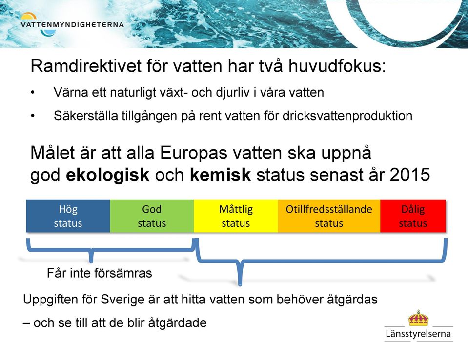 och kemisk status senast år 2015 Hög status God status Måttlig status Otillfredsställande status Dålig status