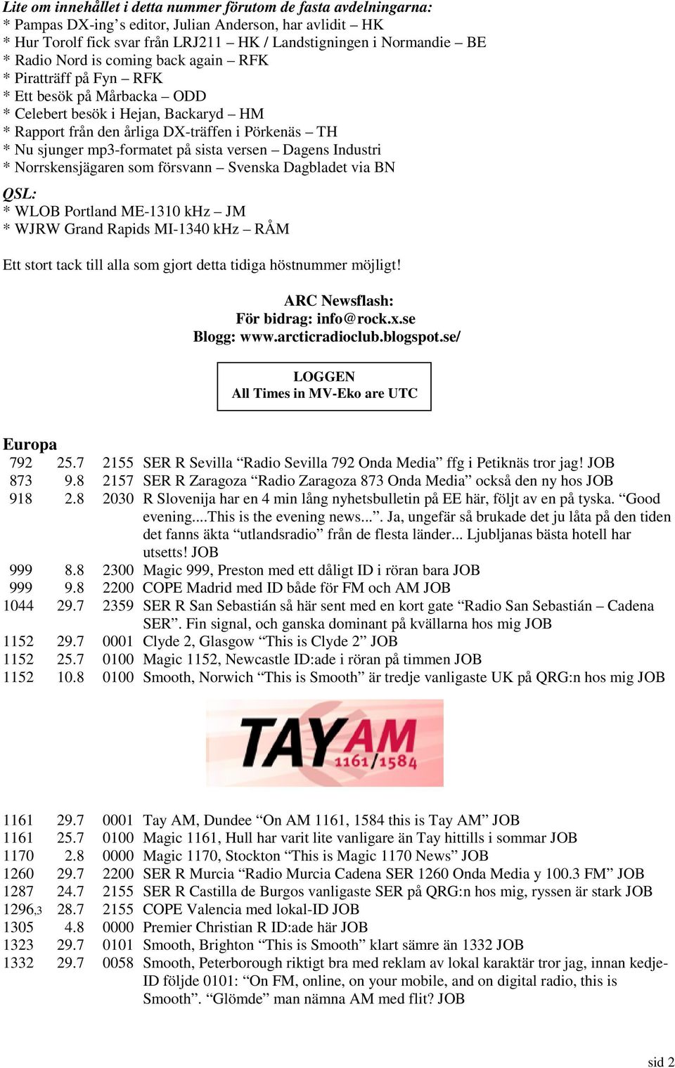 mp3-formatet på sista versen Dagens Industri * Norrskensjägaren som försvann Svenska Dagbladet via BN QSL: * WLOB Portland ME-1310 khz JM * WJRW Grand Rapids MI-1340 khz RÅM Ett stort tack till alla