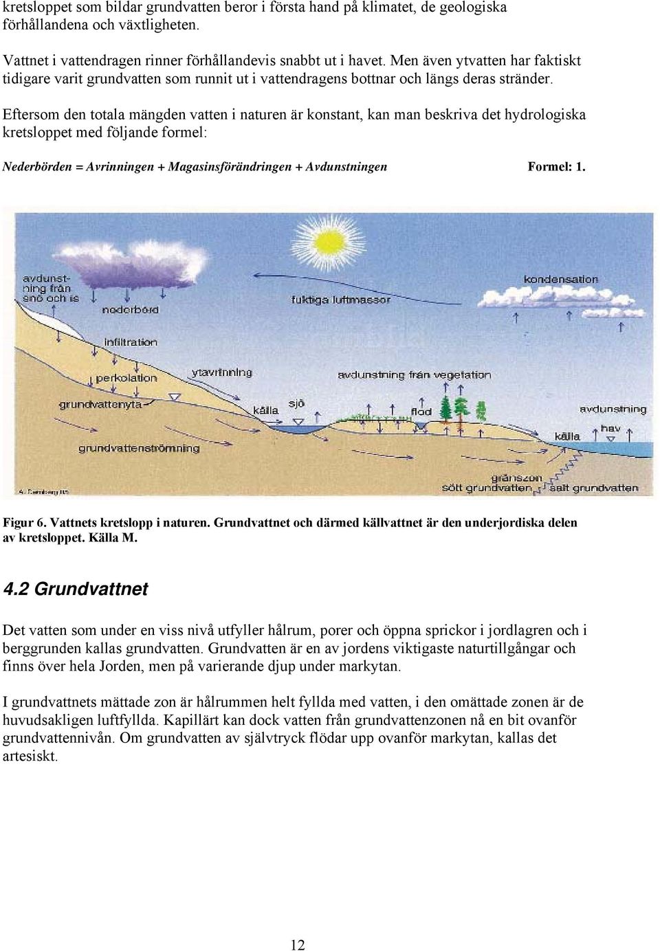 Eftersom den totala mängden vatten i naturen är konstant, kan man beskriva det hydrologiska kretsloppet med följande formel: Nederbörden = Avrinningen + Magasinsförändringen + Avdunstningen Formel: 1.