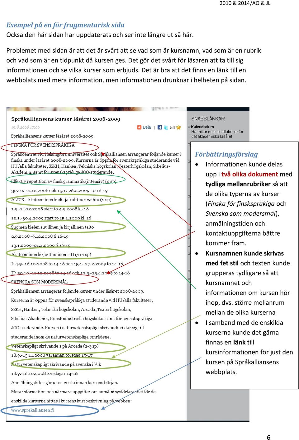 Det gör det svårt för läsaren att ta till sig informationen och se vilka kurser som erbjuds.