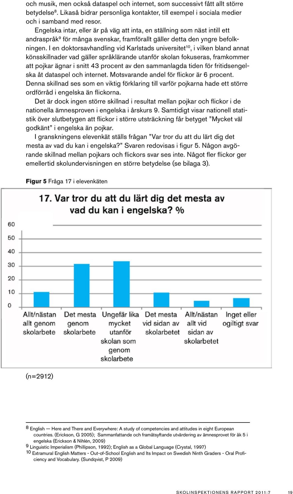 I en doktorsavhandling vid Karlstads universitet, i vilken bland annat könsskillnader vad gäller språklärande utanför skolan fokuseras, framkommer att pojkar ägnar i snitt 43 procent av den