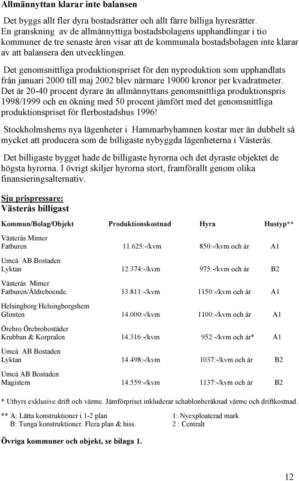 Det genomsnittliga produktionspriset för den nyproduktion som upphandlats från januari 2000 till maj 2002 blev närmare 19000 kronor per kvadratmeter.