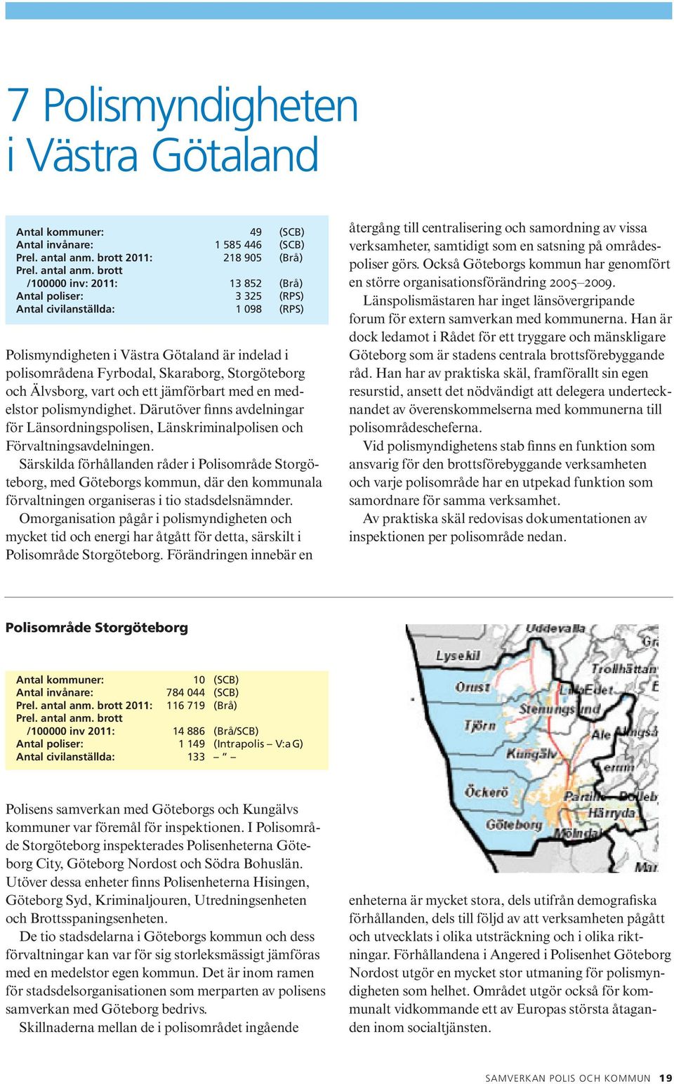 brott /100000 inv: 2011: 13 852 (Brå) Antal poliser: 3 325 (RPS) Antal civilanställda: 1 098 (RPS) Polismyndigheten i Västra Götaland är indelad i polisområdena Fyrbodal, Skaraborg, Storgöteborg och