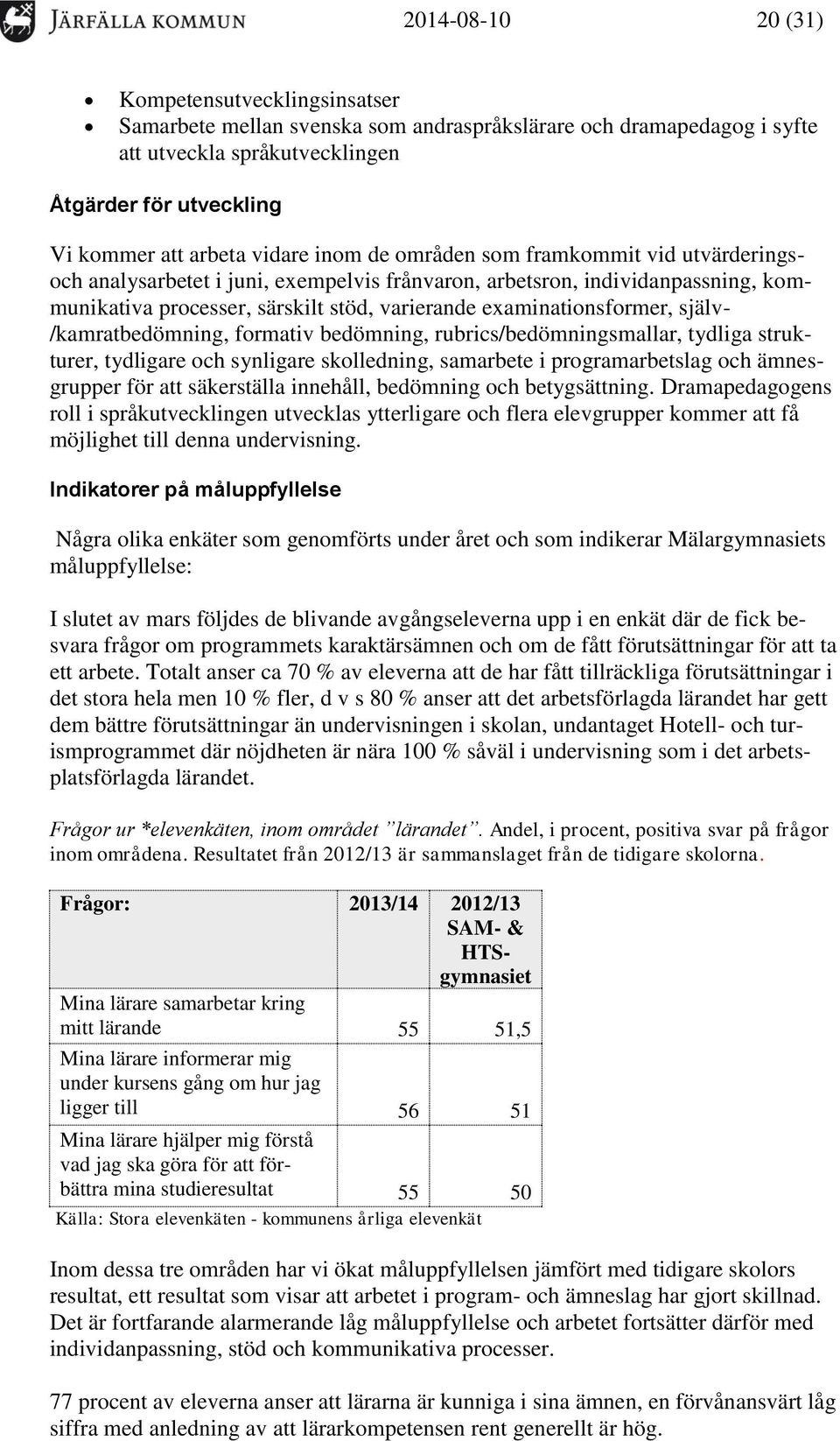 examinationsformer, själv- /kamratbedömning, formativ bedömning, rubrics/bedömningsmallar, tydliga strukturer, tydligare och synligare skolledning, samarbete i programarbetslag och ämnesgrupper för