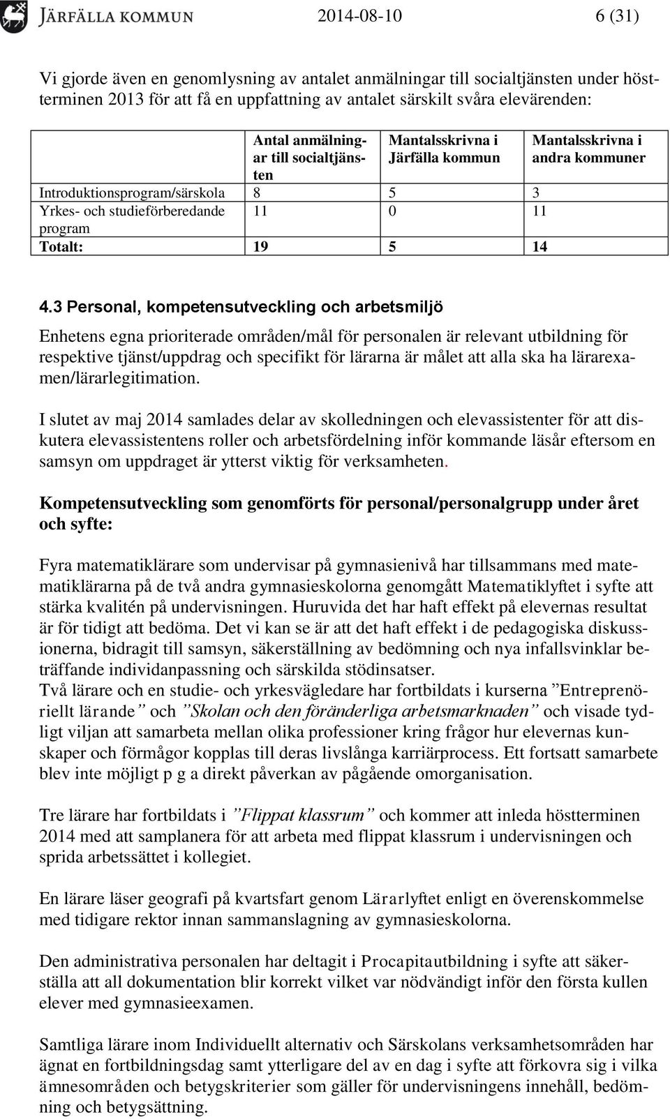 3 Personal, kompetensutveckling och arbetsmiljö Enhetens egna prioriterade områden/mål för personalen är relevant utbildning för respektive tjänst/uppdrag och specifikt för lärarna är målet att alla