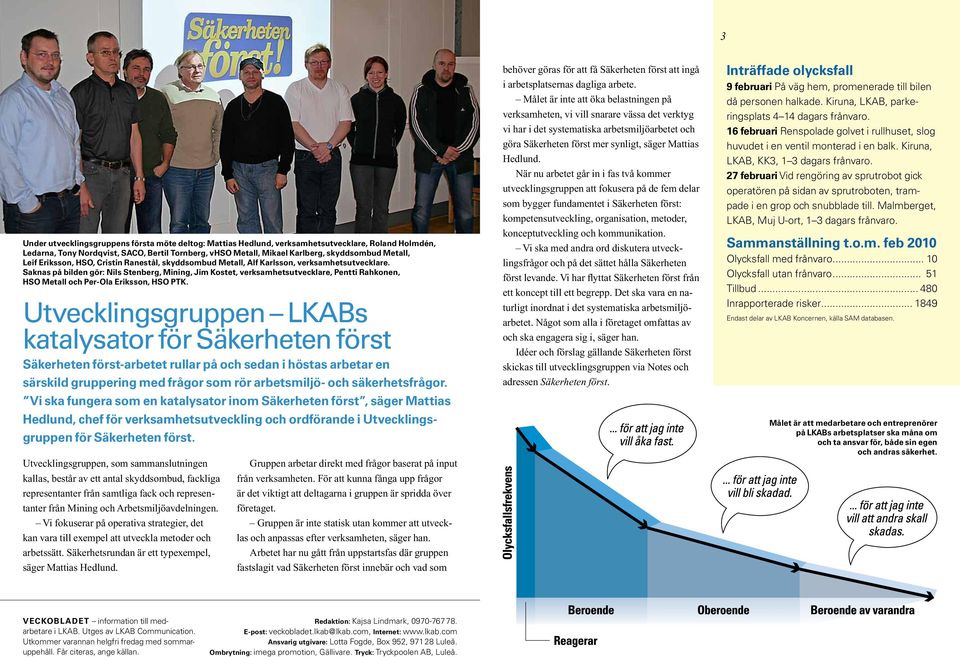 Saknas på bilden gör: Nils Stenberg, Mining, Jim Kostet, verksamhetsutvecklare, Pentti Rahkonen, HSO Metall och Per-Ola Eriksson, HSO PTK.