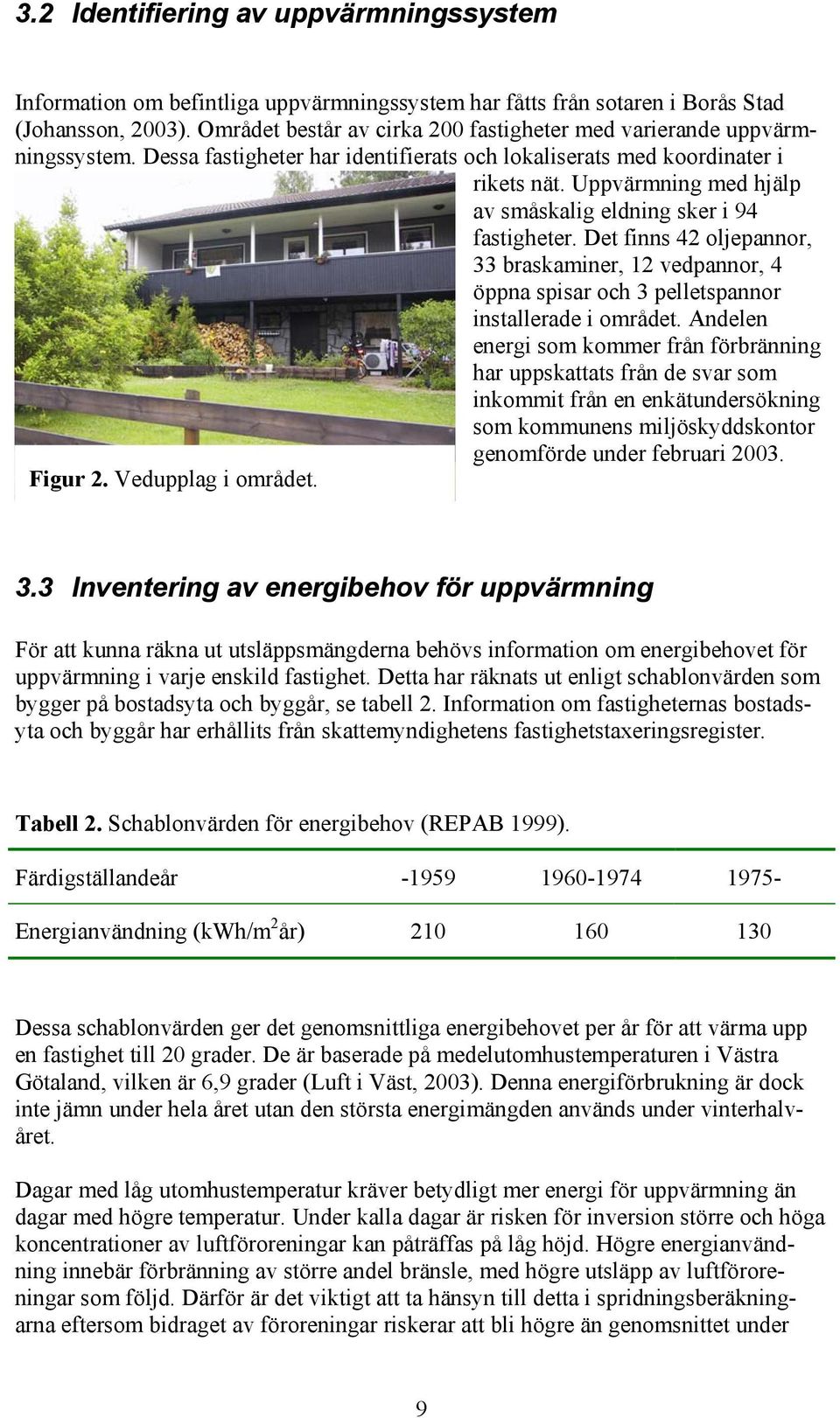 Uppvärmning med hjälp av småskalig eldning sker i 94 fastigheter. Det finns 42 oljepannor, 33 braskaminer, 12 vedpannor, 4 öppna spisar och 3 pelletspannor installerade i området.