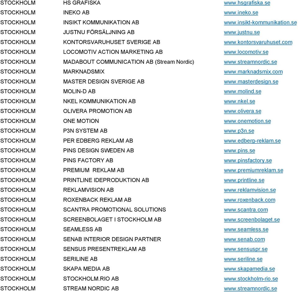 se STOCKHOLM MARKNADSMIX www.marknadsmix.com STOCKHOLM MASTER DESIGN SVERIGE AB www.masterdesign.se STOCKHOLM MOLIN-D AB www.molind.se STOCKHOLM NKEL KOMMUNIKATION AB www.nkel.