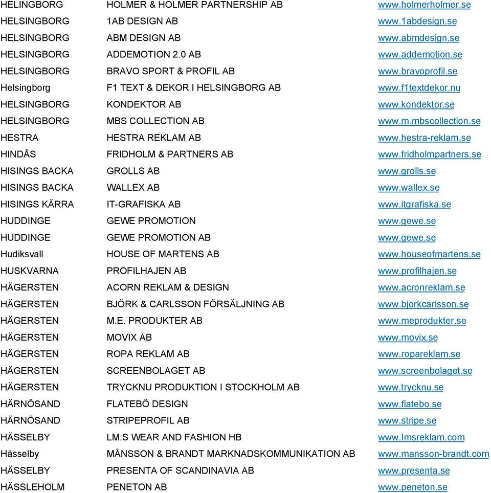 mbscollection.se HESTRA HESTRA REKLAM AB www.hestra-reklam.se HINDÅS FRIDHOLM & PARTNERS AB www.fridholmpartners.se HISINGS BACKA GROLLS AB www.grolls.se HISINGS BACKA WALLEX AB www.wallex.