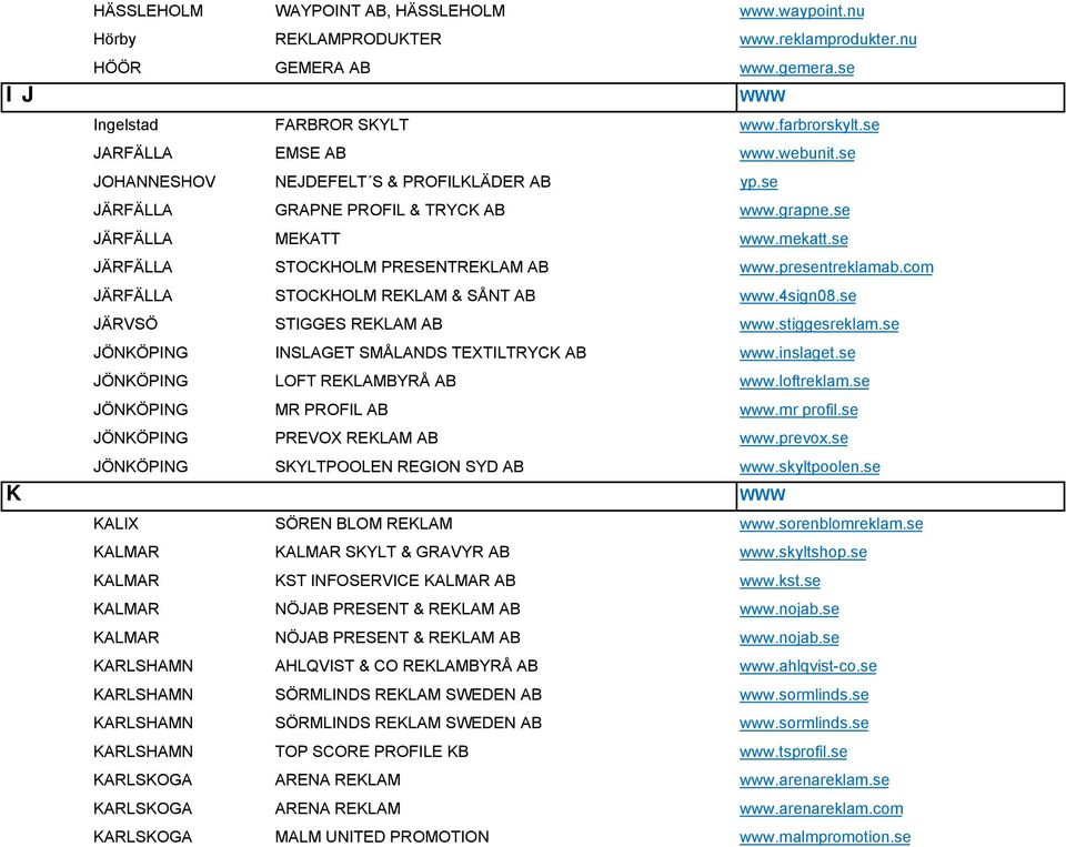 com JÄRFÄLLA STOCKHOLM REKLAM & SÅNT AB www.4sign08.se JÄRVSÖ STIGGES REKLAM AB www.stiggesreklam.se JÖNKÖPING INSLAGET SMÅLANDS TEXTILTRYCK AB www.inslaget.se JÖNKÖPING LOFT REKLAMBYRÅ AB www.