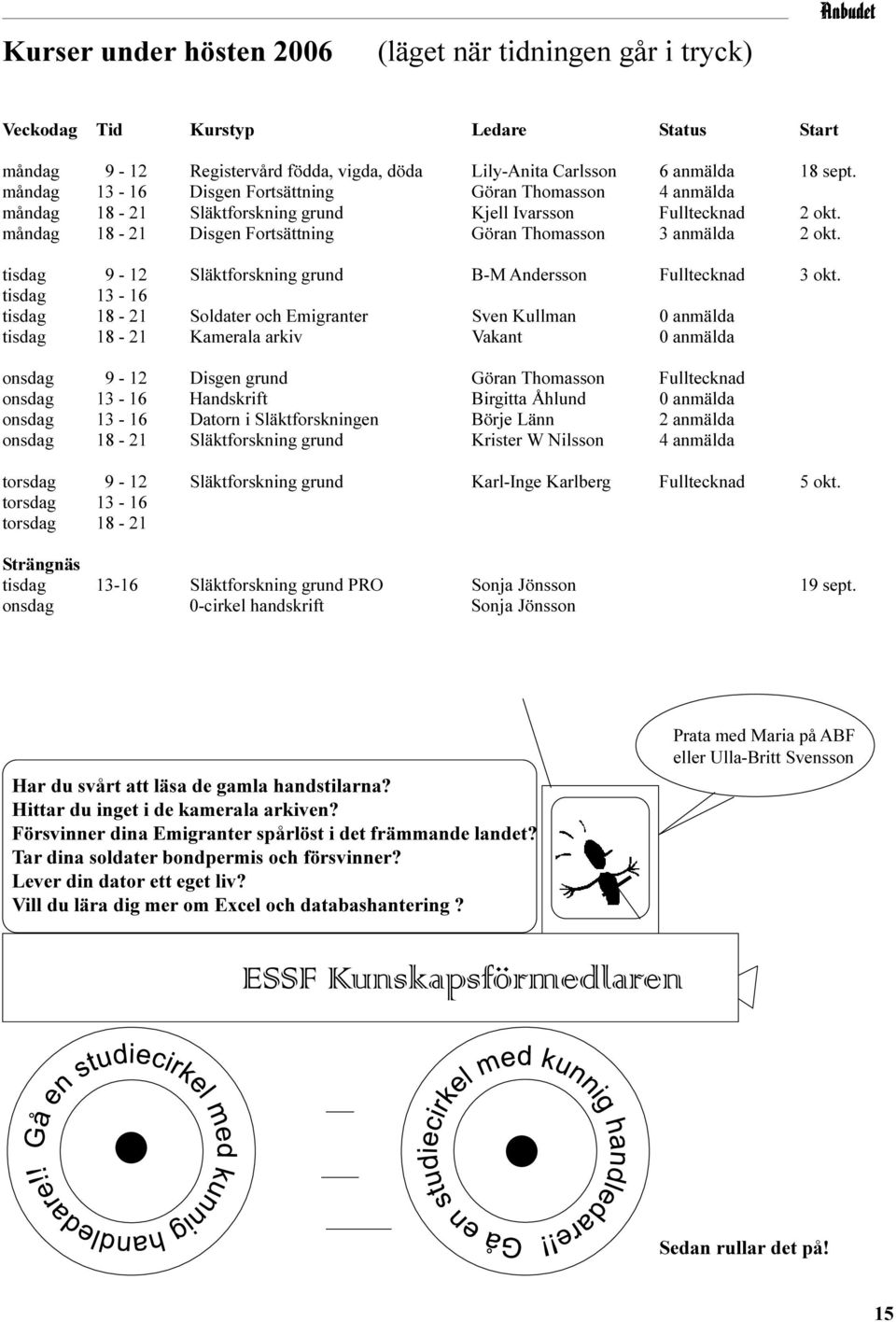 tisdag 9-12 Släktforskning grund B-M Andersson Fulltecknad 3 okt.