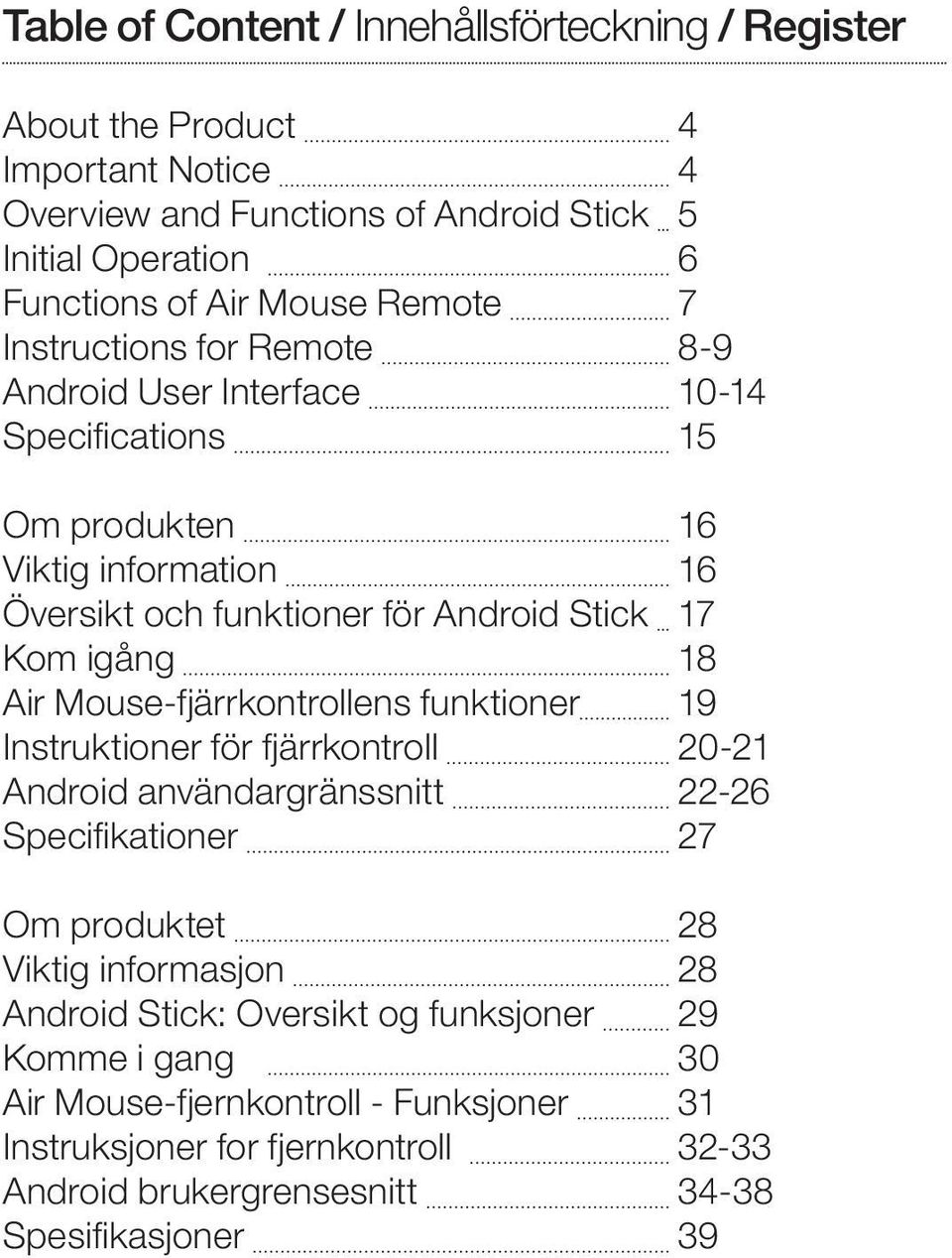 18 Air Mouse-fjärrkontrollens funktioner 19 Instruktioner för fjärrkontroll 20-21 Android användargränssnitt 22-26 Specifikationer 27 Om produktet 28 Viktig informasjon 28