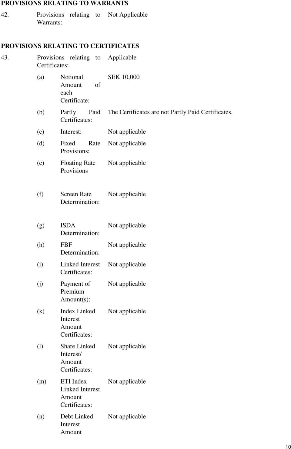 Floating Rate Provisions The Certificates are not Partly Paid Certificates.