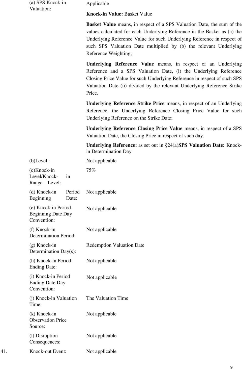 Knock-in Observation Price Source: (l) Disruption Consequences: Basket Value means, in respect of a SPS Valuation Date, the sum of the values calculated for each Underlying Reference in the Basket as