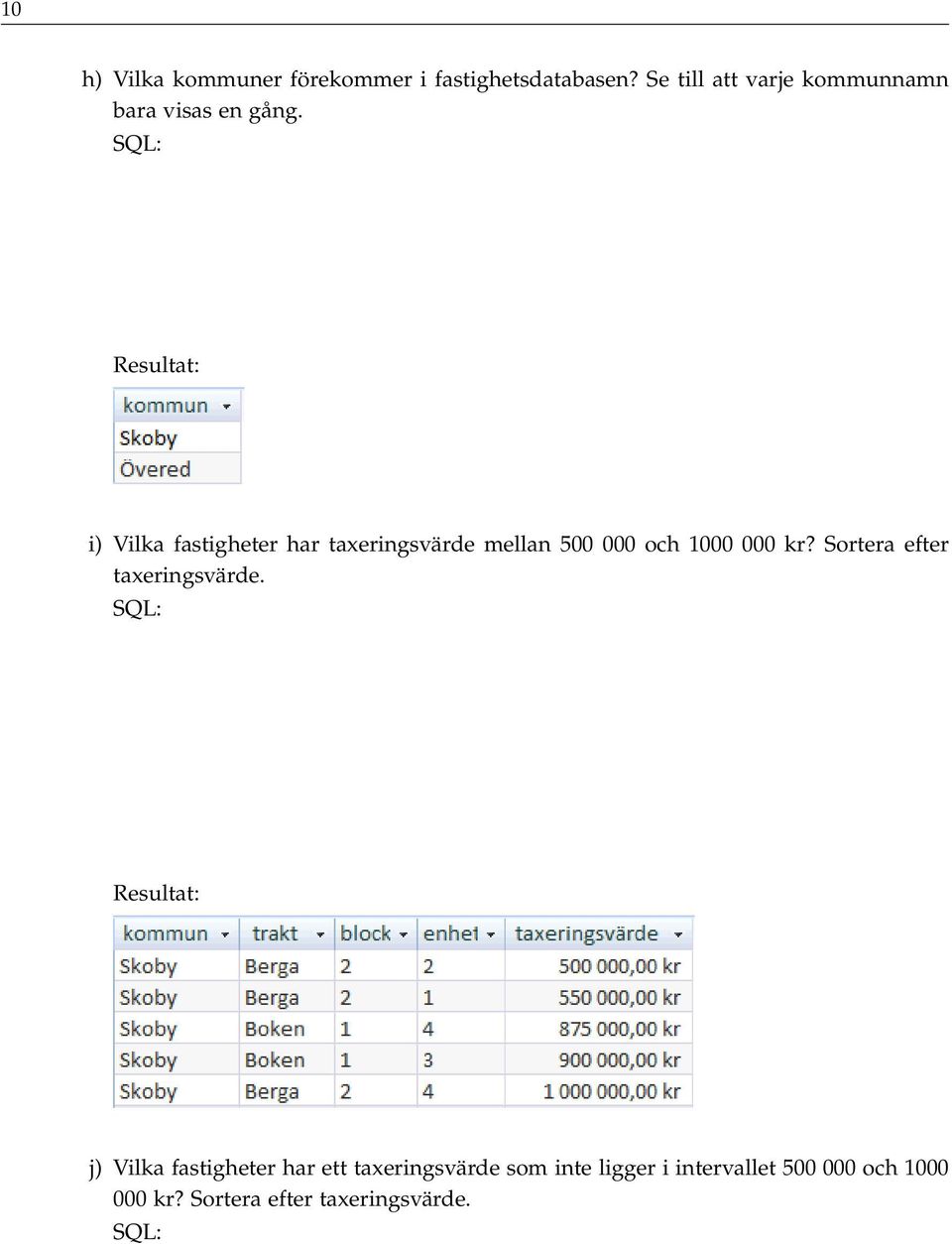 i) Vilka fastigheter har taxeringsvärde mellan 500 000 och 1000 000 kr?