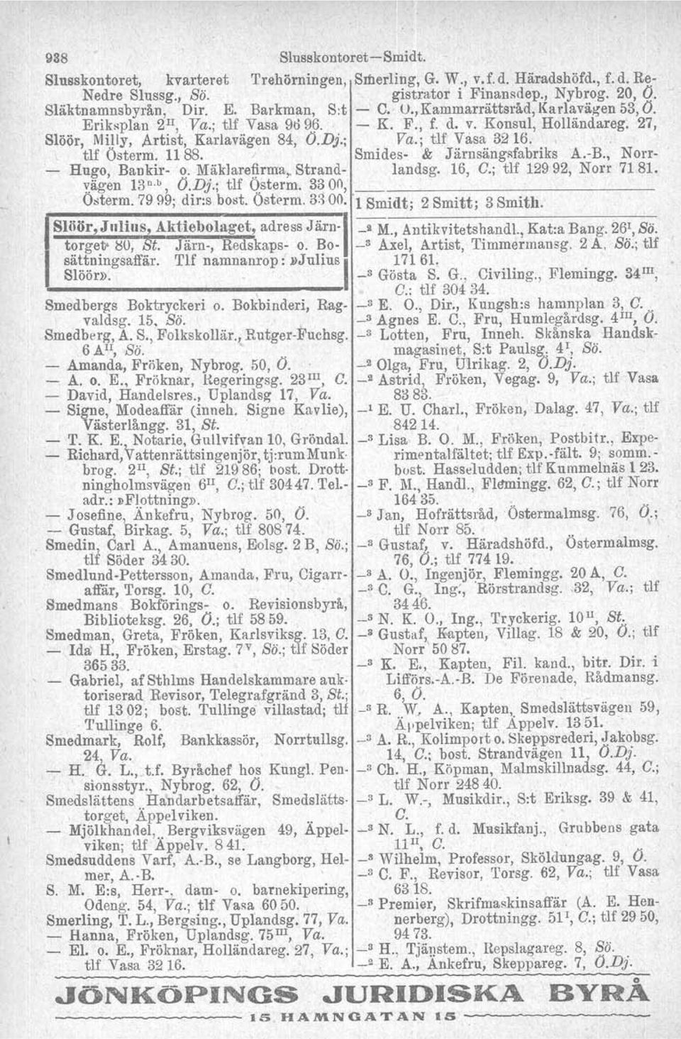 tlf Österm. 1188. Smides- & Järnsängsfabriks A.-B., Norr- - Hugo, Bankir- o. Mäklareffrma~ Strand- landsg. 16, C.j tlf 12992, Norr 7181. ~ägen 13c.b, O.Dj.; tlf Qsterrn.