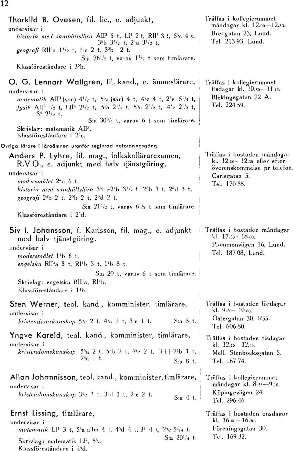 ämneslärare, matematik AlP (soc) 4'/2 t, S'a (sär) 4 t, 4'c 4 t, 2'e 5'/4 t, fljsik AlP 112 t, LIP 2 1 12 t, S'a 2 1 jz t, S'e 2 1 12 t, 4 s c 2 1 jz t, 3 4 2 1 /2 t.