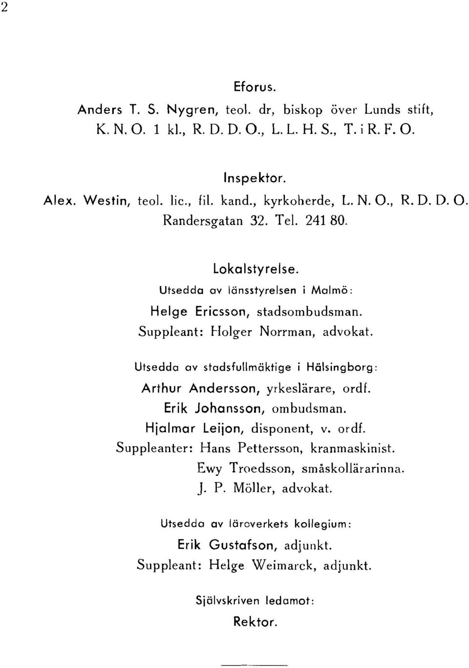 Suppleant: Holger Norrman, advokat. Utsedda av stadsfullmäktige i Hälsingborg: Arthur Andersson, yrkeslärare, ordf. Erik Johansson, ombudsman. Hjalmar Leijon, disponent, v. ordf. Suppleanter: Hans Pettersson, kranmaskinist.