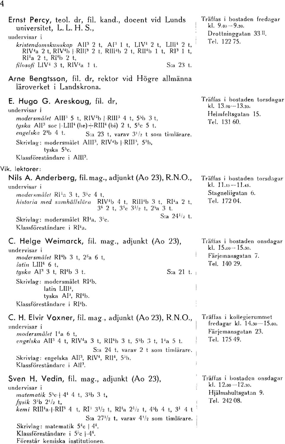 dr, rektor vid Högre allmänna läroverket i Landskrona. E. Hugo G. Areskoug, fil. dr, modersmålet AllP 5 t, RIV"b /RllP 4 t, 5;h 3 t, tyska AlP sae lull" (he)-,-riii4 (bi) 2 t, 5 5 e 5 t.