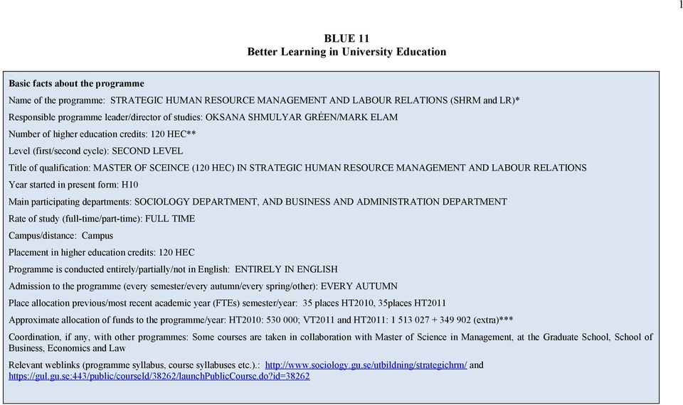IN STRATEGIC HUMAN RESOURCE MANAGEMENT AND LABOUR RELATIONS Year started in present form: H10 Main participating departments: SOCIOLOGY DEPARTMENT, AND BUSINESS AND ADMINISTRATION DEPARTMENT Rate of