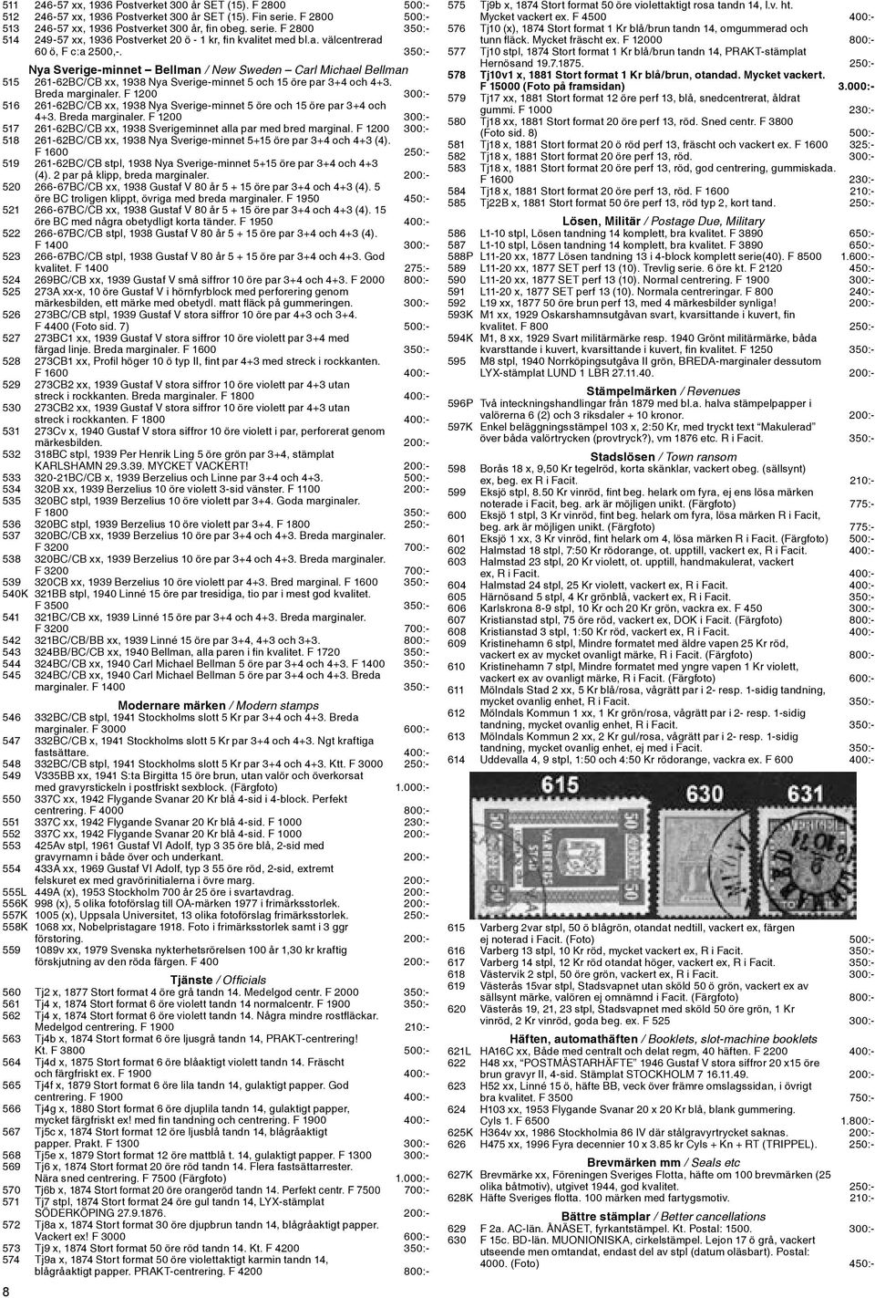 F 1200 300:- 516 261-62BC/CB xx, 1938 Nya Sverige-minnet 5 öre och 15 öre par 3+4 och 4+3. Breda marginaler. F 1200 300:- 517 261-62BC/CB xx, 1938 Sverigeminnet alla par med bred marginal.