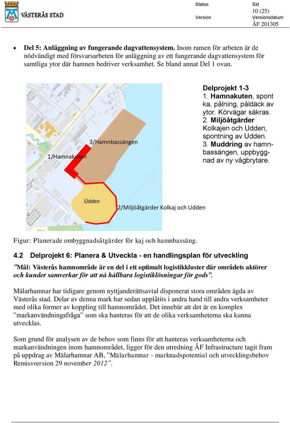 1/Hamnakuten 3/Hamnbassängen Delprojekt 1-3 1. Hamnakuten, spont ka, pålning, påldäck av ytor. Körvägar säkras. 2. Miljöåtgärder Kolkajen och Udden, spontning av Udden. 3. Muddring av hamnbassängen, uppbyggnad av ny vågbrytare.