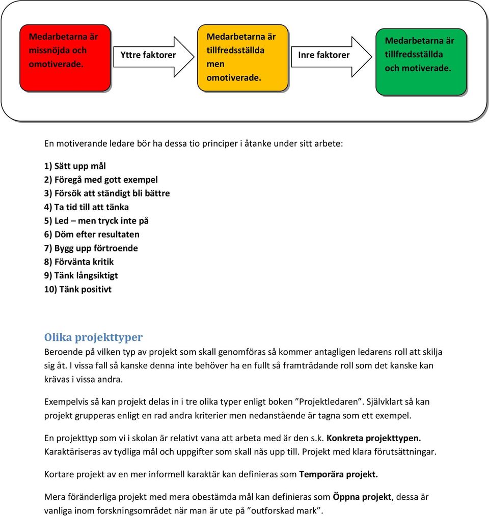 inte på 6) Döm efter resultaten 7) Bygg upp förtroende 8) Förvänta kritik 9) Tänk långsiktigt 10) Tänk positivt Olika projekttyper Beroende på vilken typ av projekt som skall genomföras så kommer