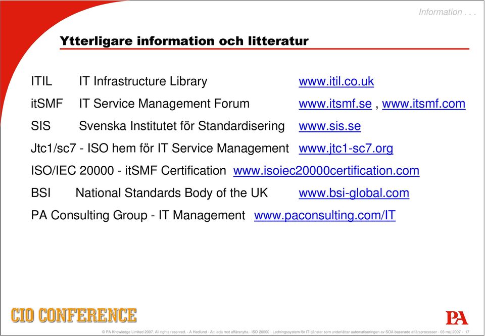 com BSI National Standards Body of the UK www.bsi-global.com PA Consulting Group - IT Management www.paconsulting.com/it PA Knowledge Limited 2007. All rights reserved.