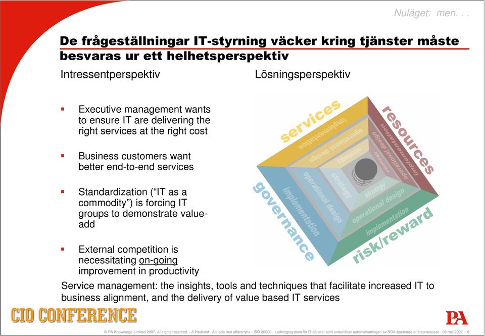 right services at the right cost Business customers want better end-to-end services Standardization ( IT as a commodity ) is forcing IT groups to demonstrate valueadd External competition is