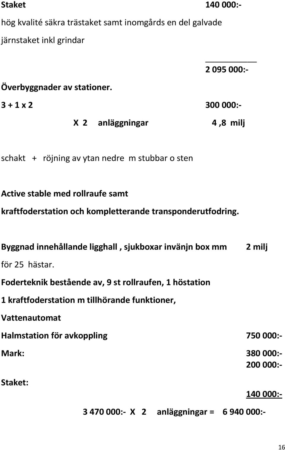 kompletterande transponderutfodring. Byggnad innehållande ligghall, sjukboxar invänjn box mm 2 milj för 25 hästar.