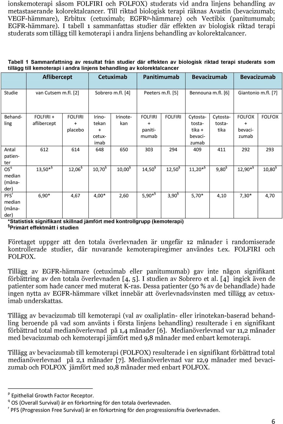 I tabell 1 sammanfattas studier där effekten av biologisk riktad terapi studerats som tillägg till kemoterapi i andra linjens behandling av kolorektalcancer.