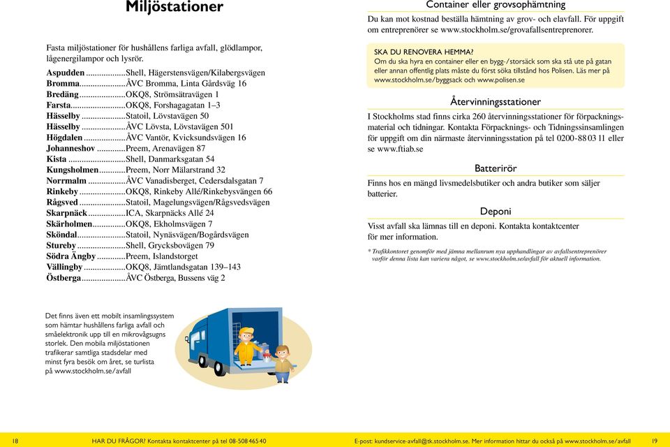 ..ÅVC Vantör, Kvicksundsvägen 16 Johanneshov...Preem, Arenavägen 87 Kista...Shell, Danmarksgatan 54 Kungsholmen...Preem, Norr Mälarstrand 32 Norrmalm...ÅVC Vanadisberget, Cedersdalsgatan 7 Rinkeby.