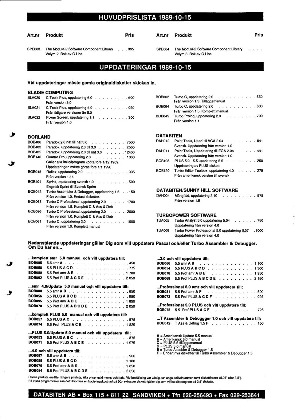 0 Frh version 1.5. Tilläggsmanual BLA02I C Tools Plus, uppdatering 6.0... 950 B08064 Turbo C, uppdatering 2.0... 800 FrAn tidigare versioner än 5.0 Frh version 1.5. Komplett manual BU022 Power Screen, uppdatering 1.