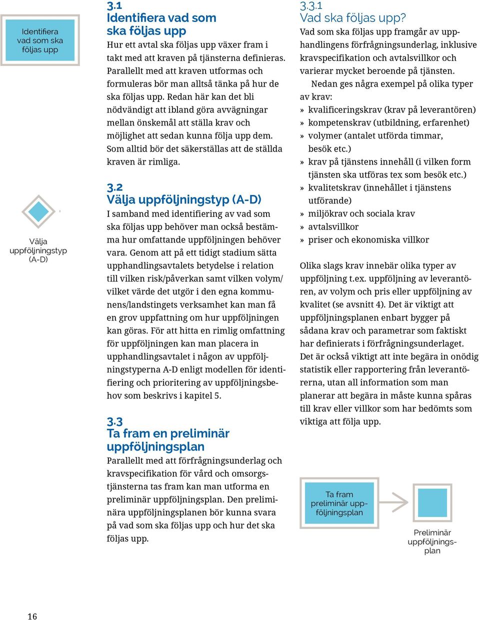 uppföljningstyp (A-D) suppföljningsprocessen Ta fram Vad som ska följas upp framgår Fastställaav upphandlingens förfrågningsunderlag, inklusive rapportera Analysera oc preliminär uppföljningsplaplan