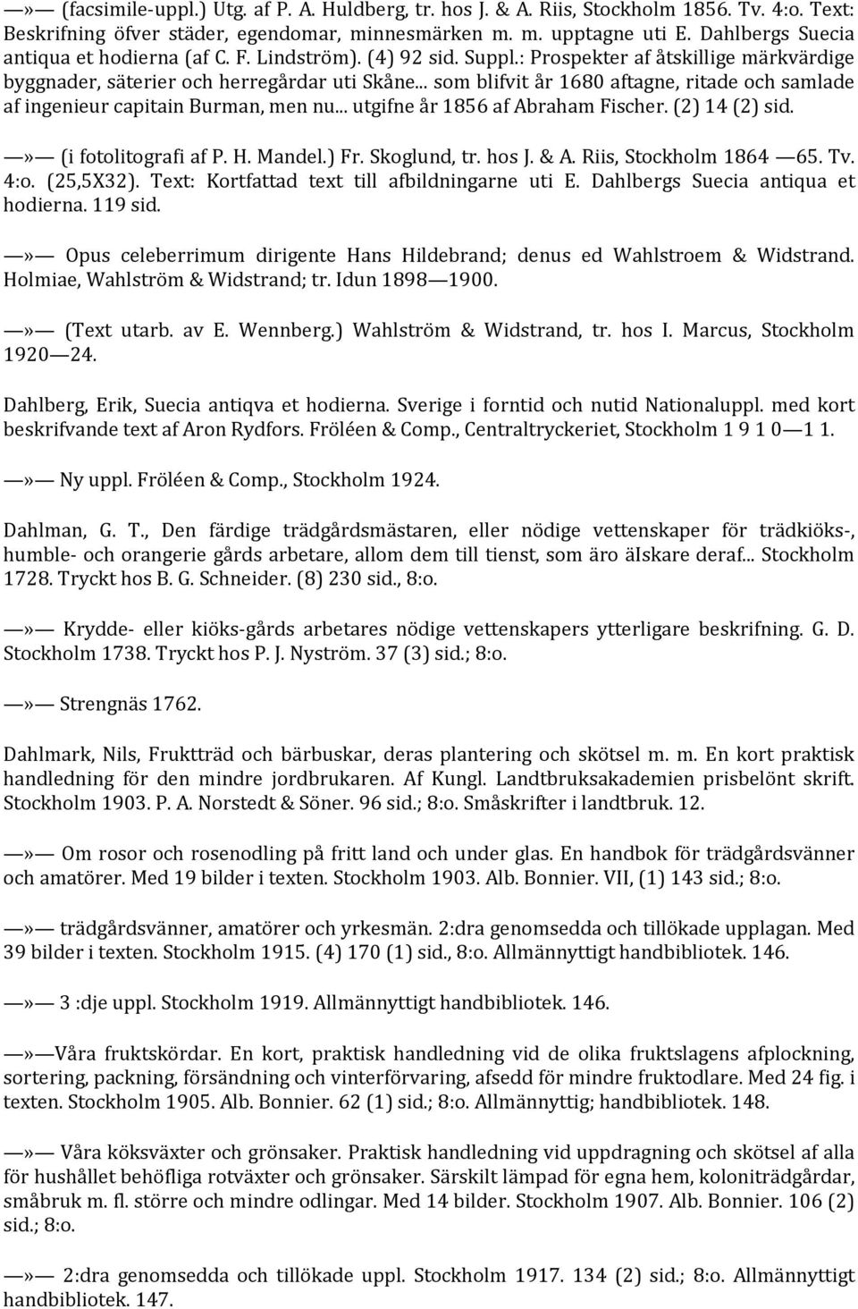 .. som blifvit år 1680 aftagne, ritade och samlade af ingenieur capitain Burman, men nu... utgifne år 1856 af Abraham Fischer. (2) 14 (2) sid.» (i fotolitografi af P. H. Mandel.) Fr. Skoglund, tr.