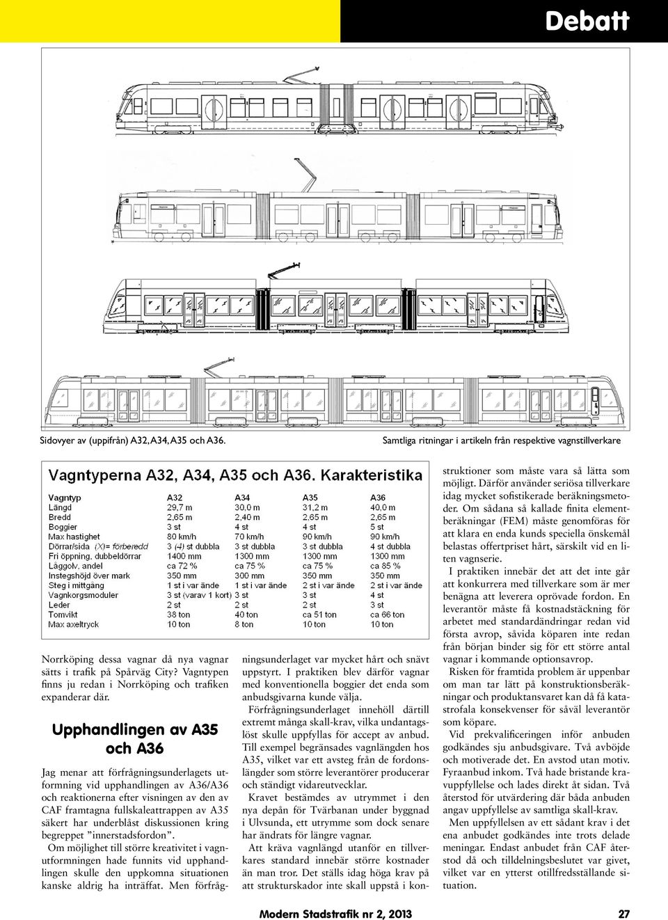 Upphandlingen av A35 och A36 Modern Stadstrafik nr 2, 2013 Jag menar att förfrågningsunderlagets utformning vid upphandlingen av A36/A36 och reaktionerna efter visningen av den av CAF framtagna